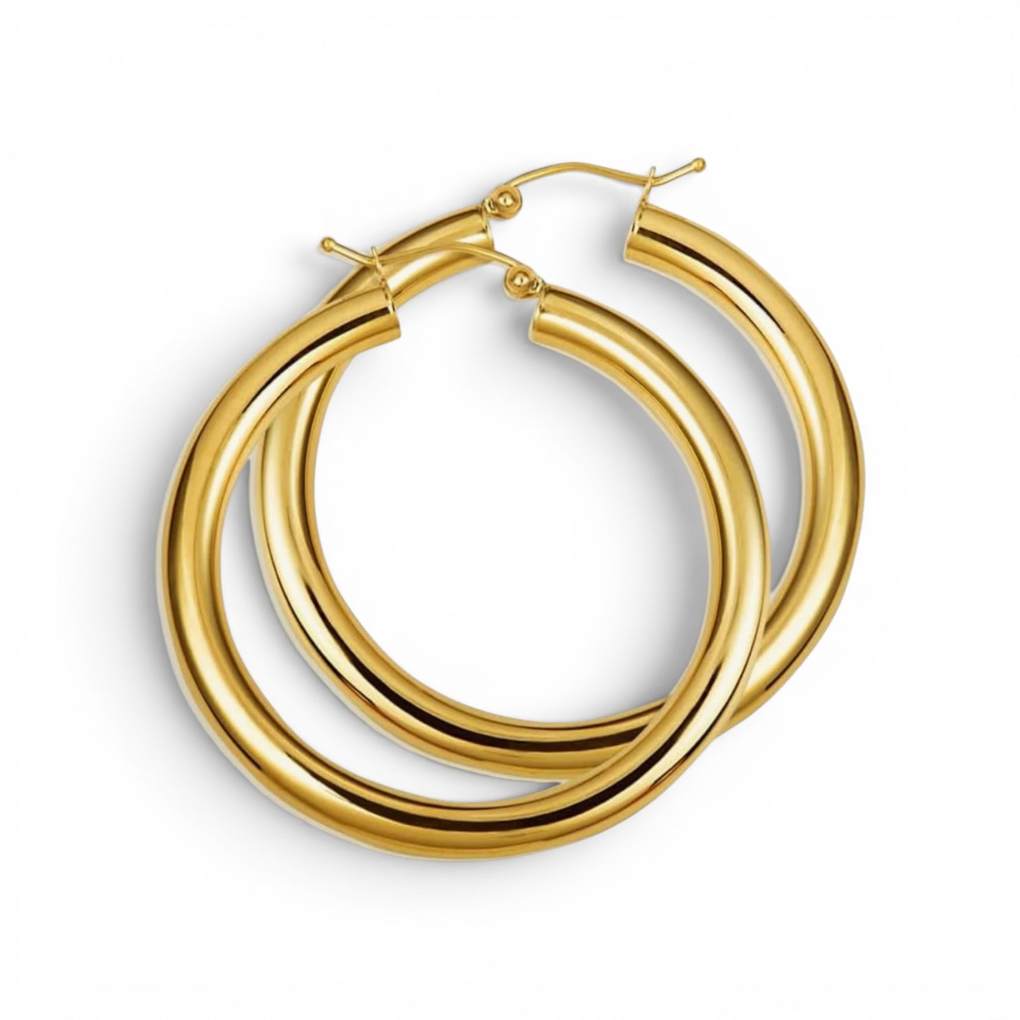 14K Italian Yellow Gold 35mm Round; Gold Hoop Earrings Snap Bar Backing