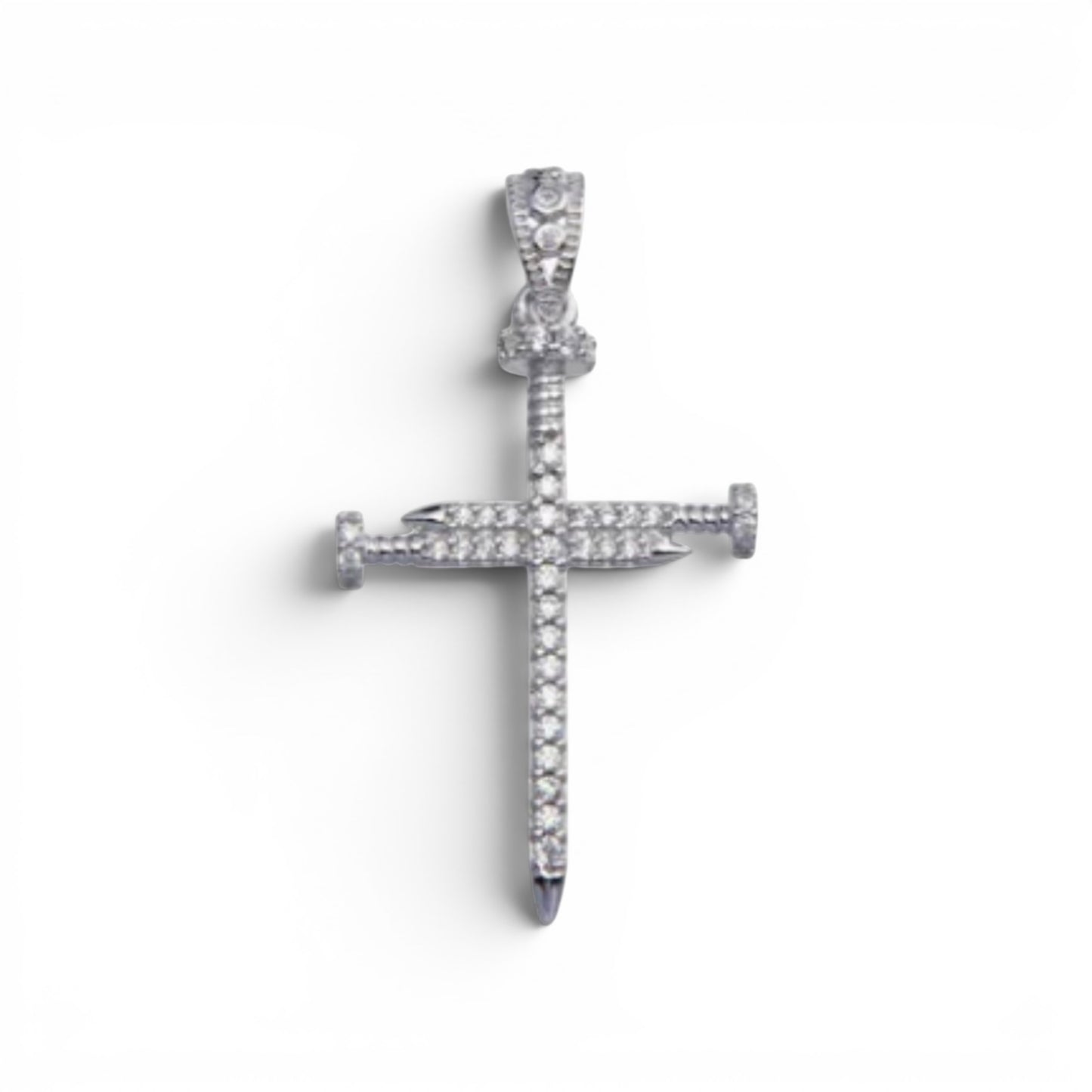 925 Sterling Silver Rhodium Plated Nail Cross CZ Pendant
