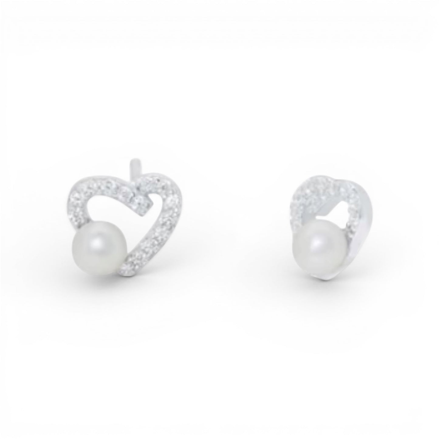 925 Sterling Silver Rhodium Plated Assymetrical Heart Synthetic Pearl Stud Earring