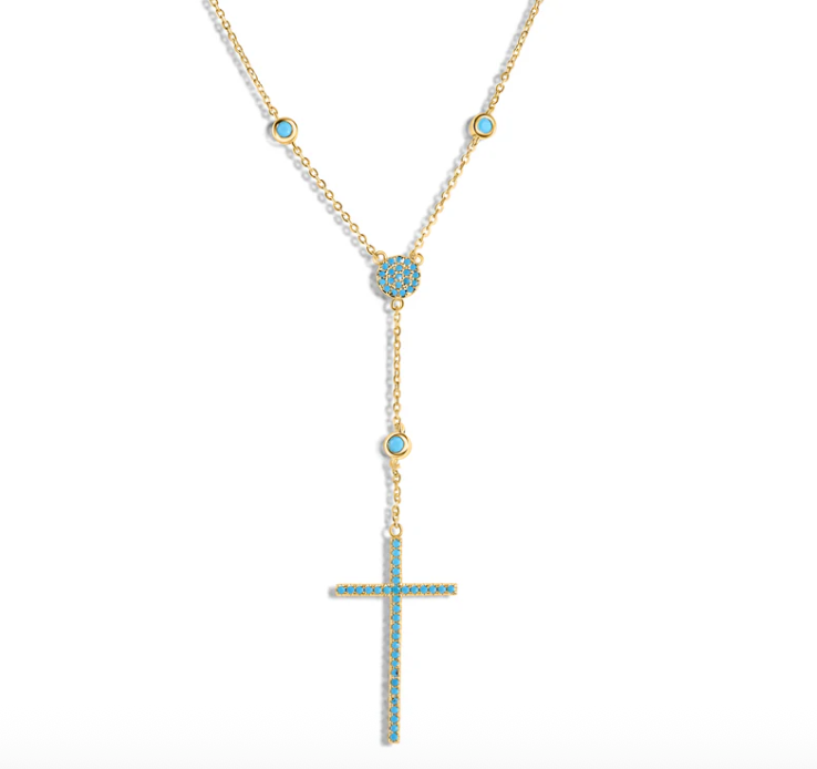 925 Sterling Silver Cross Necklace with Synthetic Turquoise Stones