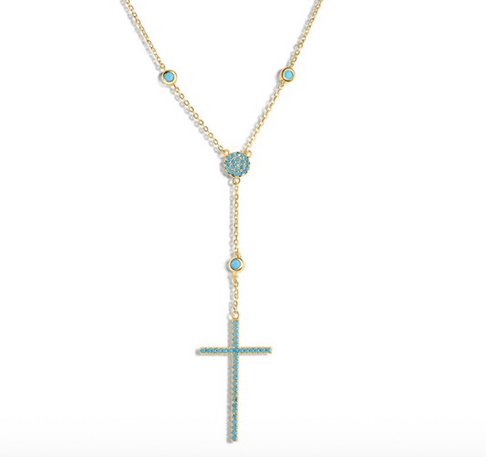 925 Sterling Silver Cross Necklace with Synthetic Turquoise Stones