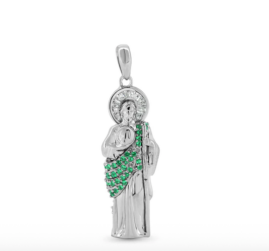 925 Sterling Silver Green CZ St Jude Pendant Rhodium Plated