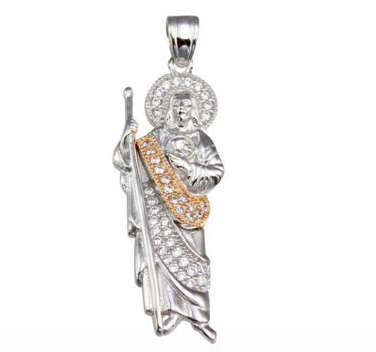 925 Sterling Silver Plated St. Jude CZ Pendant Two-Tone