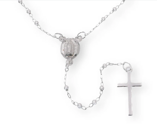 925 Sterling Silver High Polished Smooth Bead Plain Cross Rosary 2.5mm