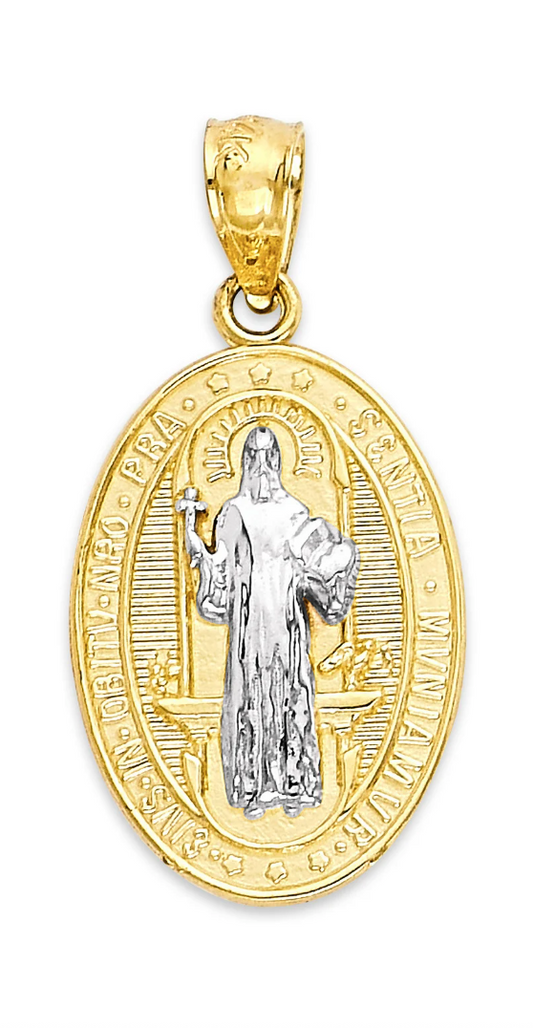 14K Two tone Gold Textured and Reversible St. Benedict Oval Pendant