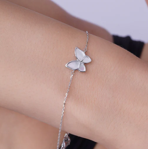 925 Sterling Silver Rhodium Plated Mother of Pearl Butterfly Adjustable Bracelet