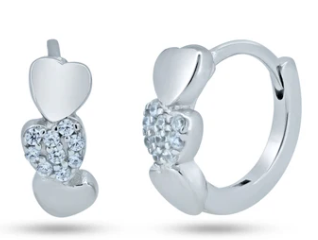 925 Sterling Silver Rhodium Plated Pave Huggie Hearts Hoop Earrings