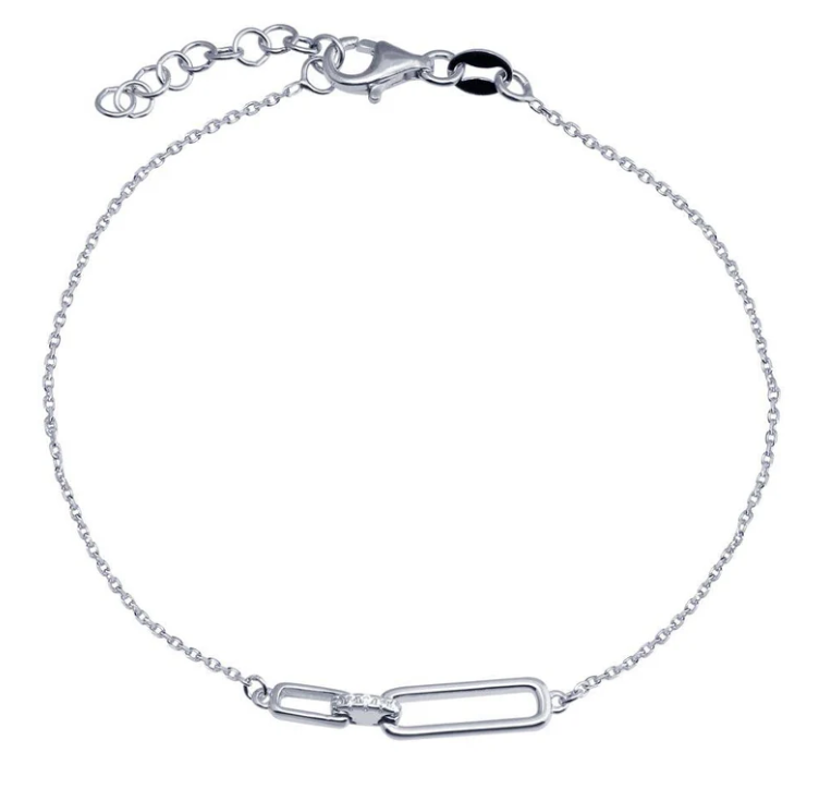 925 Sterling Silver CZ Big and Small Paperclip Charm Bracelet