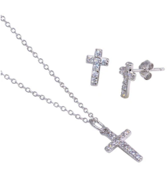 925 Sterling Silver Rhodium Plated Cross CZ Stud Earring and Necklace Set