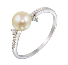 925 Sterling Silver Rhodium Plated Pearl Ring with CZ