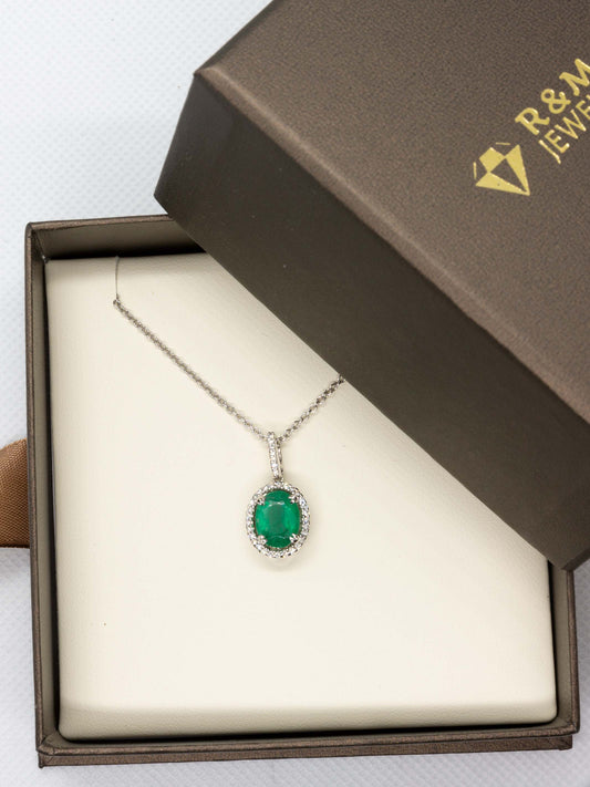 Natural Emerald with Diamonds Pendant Necklace