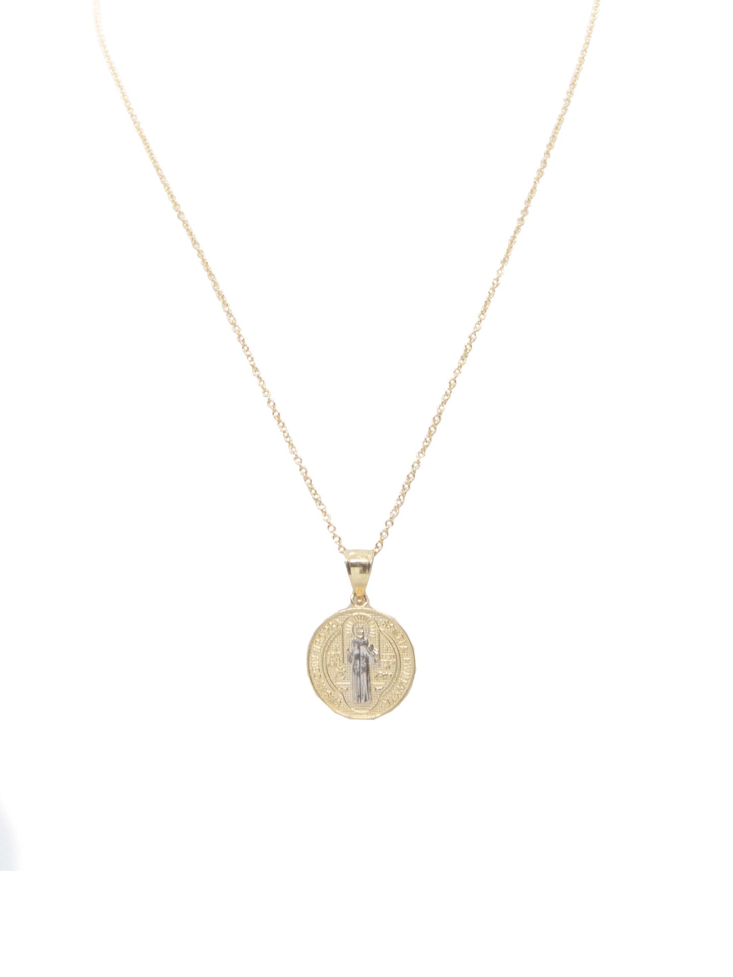 14K Two Tone  Gold Textured and Reversible St. Benedict Round Pendant-Necklace Sold Separately