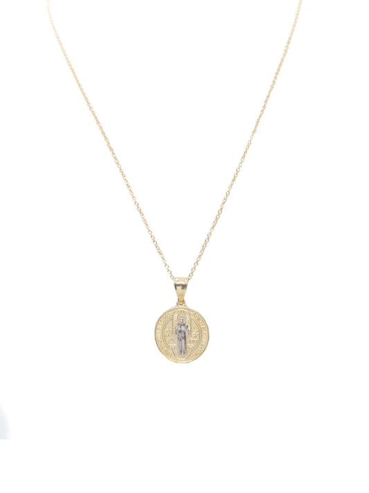 14K Two Tone  Gold Textured and Reversible St. Benedict Round Pendant-Necklace Sold Separately