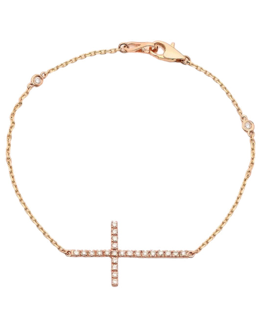 14k Rose Gold Cross Bracelet with 25 Round Diamonds 0.34 ctw