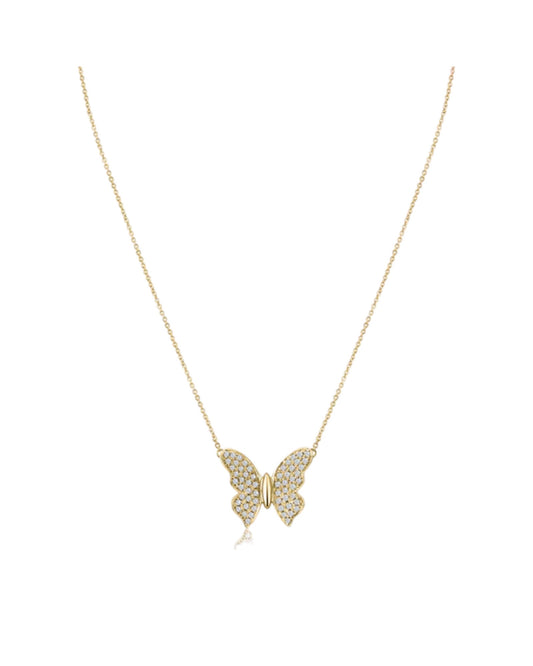 14k Yellow Gold Diamond Butterfly Pendant with 16 to 18 inches Adjustable Necklace