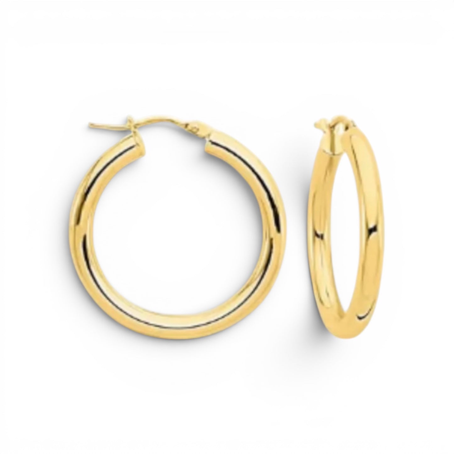 14K Italian Yellow Gold 25mm Round; Gold Hoop Earrings Snap Bar Backing