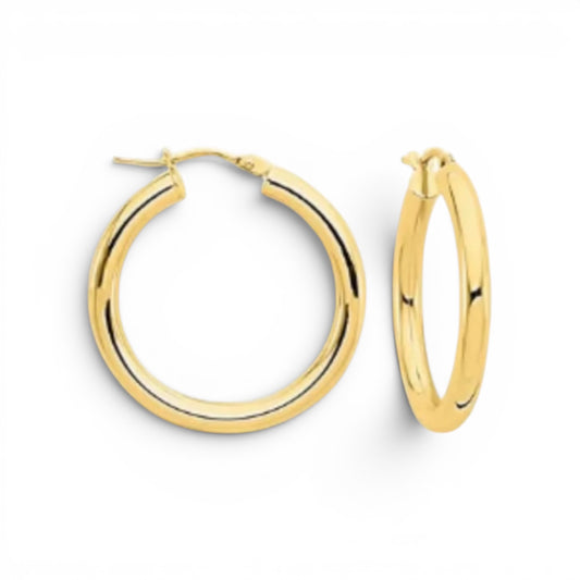 14K Italian Yellow Gold 25mm Round; Gold Hoop Earrings Snap Bar Backing