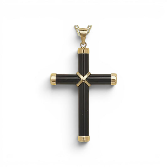 14K Yellow Gold Onyx Cross Pendant 35mm x 20mm