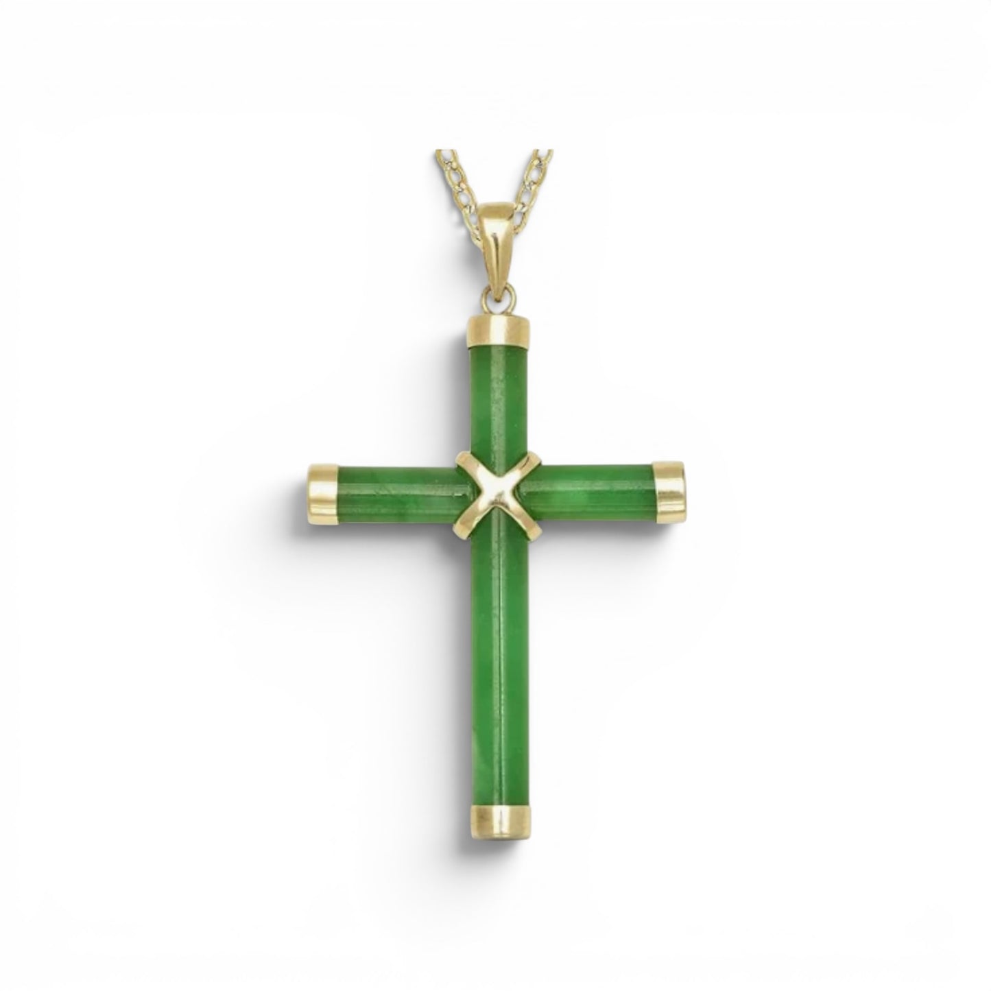 14K Yellow Gold Green Jade Cross Pendant 35mm x 20mm