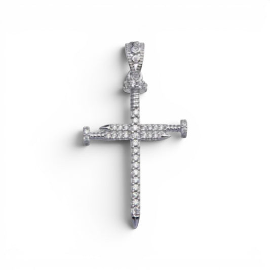 925 Sterling Silver Rhodium Plated Nail Cross CZ Pendant