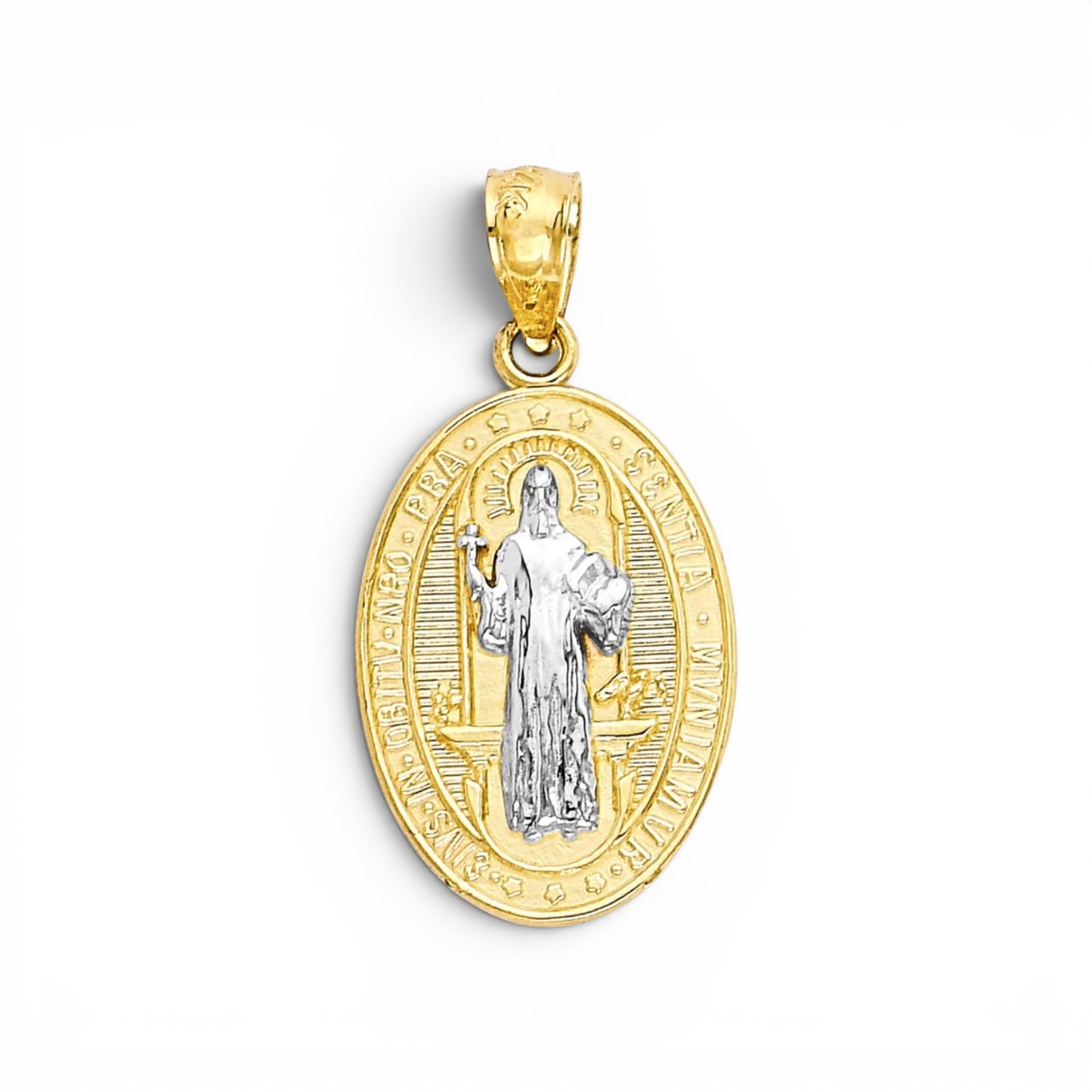 14K Two tone Gold Textured and Reversible St. Benedict Oval Pendant