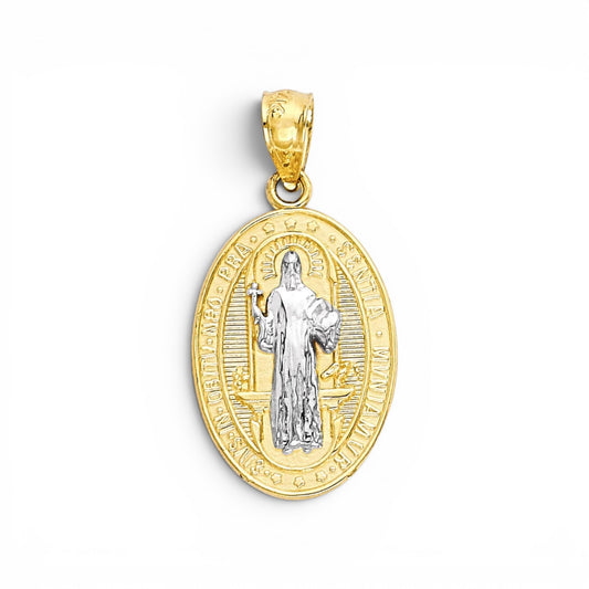 14K Two tone Gold Textured and Reversible St. Benedict Oval Pendant