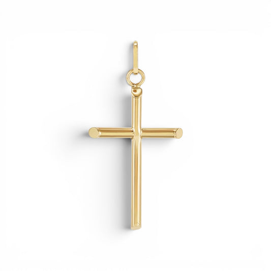 14 Karat Yellow Gold Plain Hollow Tube Cross Pendant-Large