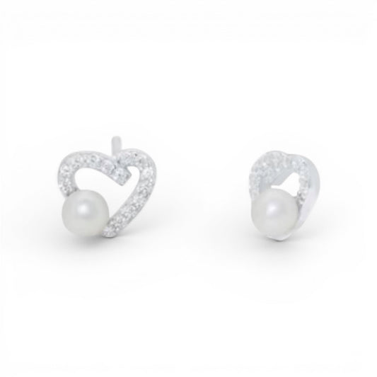 925 Sterling Silver Rhodium Plated Assymetrical Heart Synthetic Pearl Stud Earring