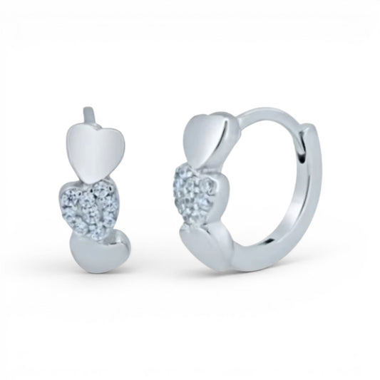 925 Sterling Silver Rhodium Plated Pave Huggie Hearts Hoop Earrings