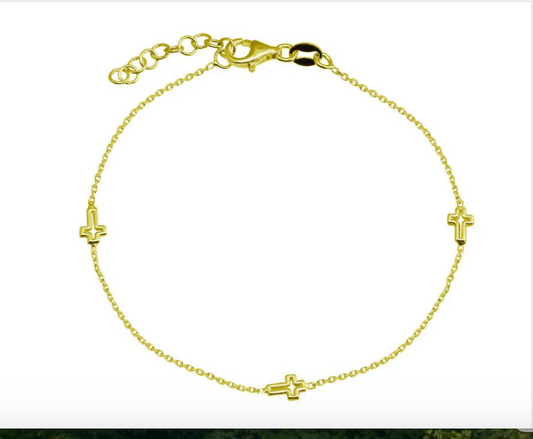 925 Sterling Silver Adjustable Single Strand Gold Plated Bracelet with 3 Cross