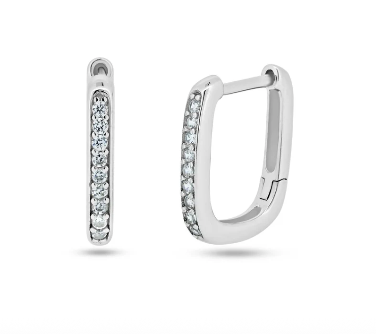 925 Sterling Silver Rhodium Plated Rectangular CZ Hoop Earring