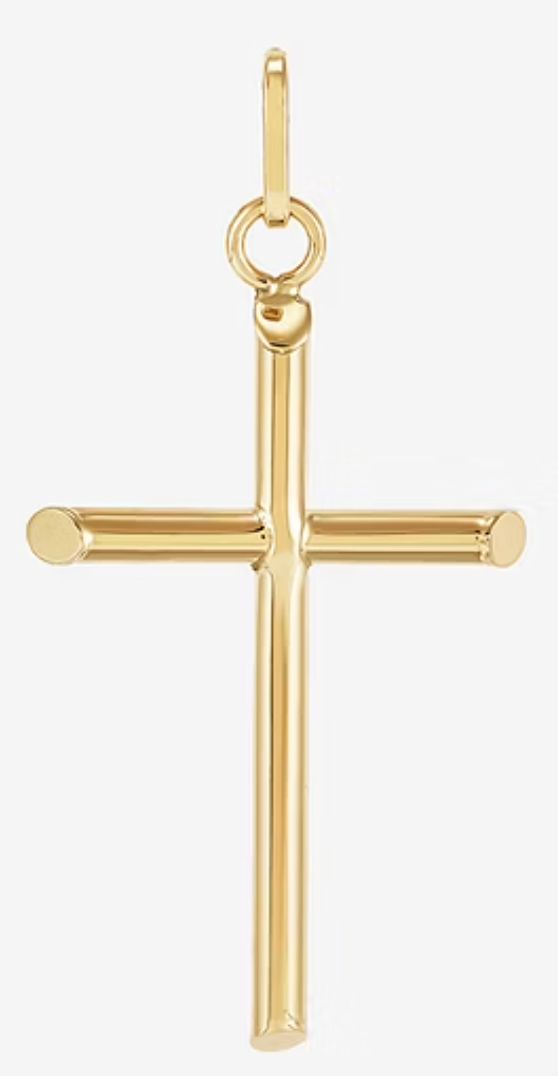 14 Karat Yellow Gold Plain Hollow Tube Cross Pendant-Large