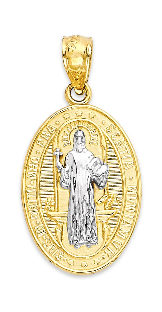 14K Two tone Gold Textured and Reversible St. Benedict Oval Pendant