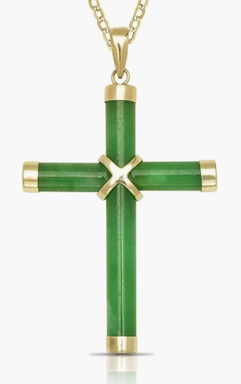 14K Yellow Gold Green Jade Cross Pendant 35mm x 20mm