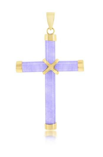 14K Yellow Gold Lavender Jade Cross Pendant 35mm x 20 mm