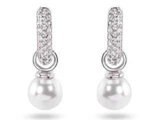 925 Sterling Silver Rhodium Plated Dangling Pearl Clear CZ Hoop Earrings