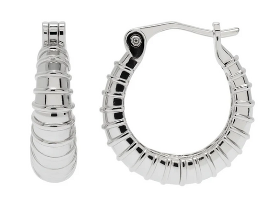 925 Sterling Silver Rhodium Plated Ribbed Textured Hoop Earring