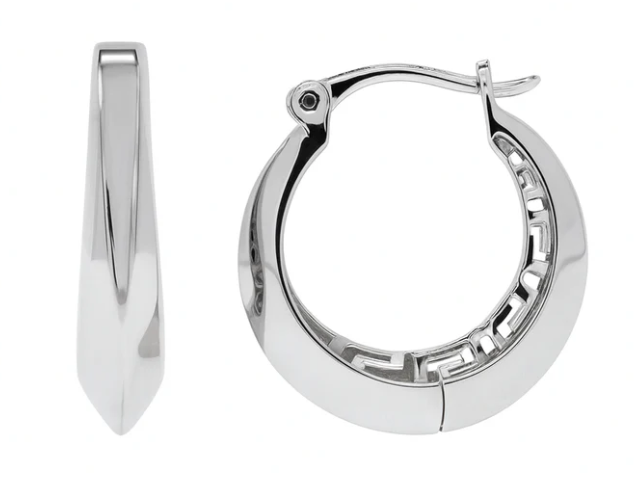 925 Sterling Silver Rhodium Plated Greek Key Hoop Earring