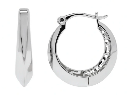 925 Sterling Silver Rhodium Plated Greek Key Hoop Earring