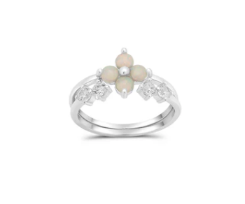 925 Sterling Silver Rhodium Plated Opal Clover And Open Bypass Clear CZ Ring Set