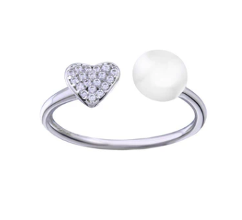 925 Sterling Silver Rhodium Plated Pearl Heart CZ Open Ring