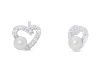 925 Sterling Silver Rhodium Plated Assymetrical Heart Synthetic Pearl Stud Earring