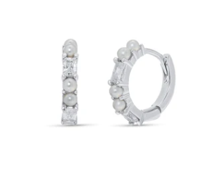 925 Sterling Silver Rhodium Plated Pearl Baguette Clear CZ Hoop Earring