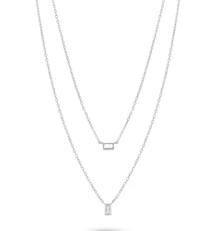 925 Sterling Silver Rhodium Plated  Double Strand Baguette CZ Charm Adjustable Necklace