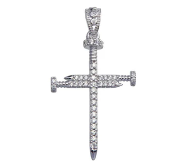 925 Sterling Silver Rhodium Plated Nail Cross CZ Pendant