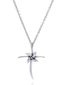 925 Sterling Silver Clear CZ Rhodium Plated Cross Pendant Necklace