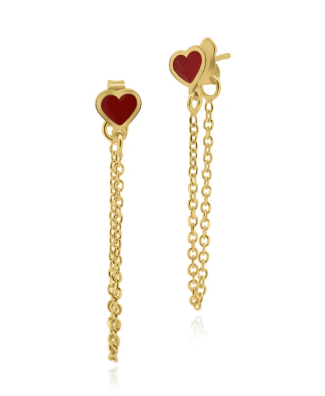 925 Sterling Silver Dangling Heart Red Enamel Stud Earrings