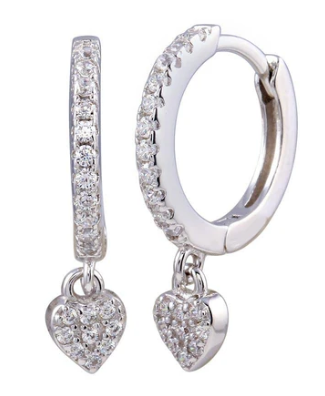 925 Sterling Silver Dangling CZ Heart Huggie Hoop Earring