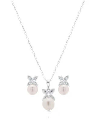 Rhodium Plated 925 Sterling Silver Clear CZ Hanging Pearl Butterfly Set