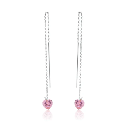 925 Sterling Silver Threaded Pink CZ Heart Earrings